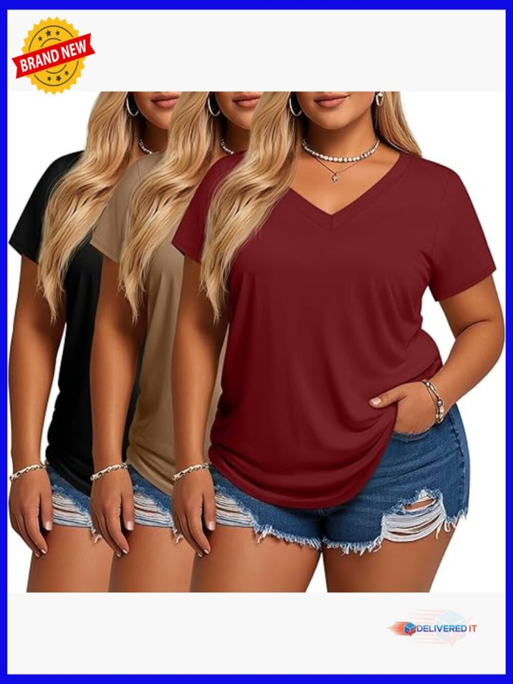 3 Pack Plus Size V Neck Short Sleeve Tunic Tops Loose Fit Curved Hem